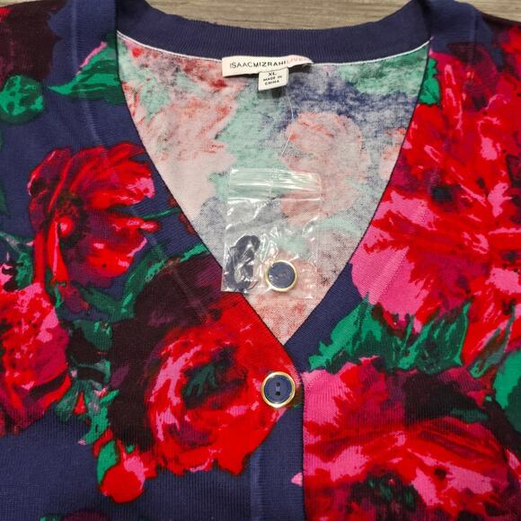 Isaac Mizrahi Live! Red & Blue Floral Print V Neck Button Front Cardigan Sweater - Picture 3 of 7